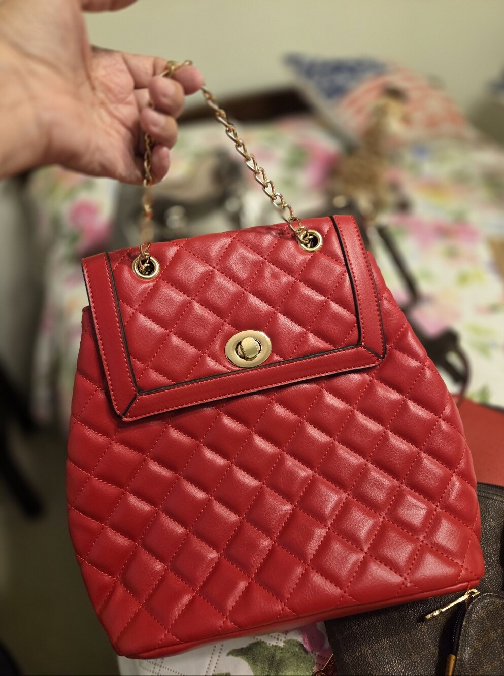 Quilted Red Chain-Handle Shoulder Bag